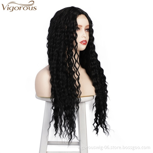 Vigorous Cheap Kinky Curly Wigs Long Synthetic Wigs For Women Middle Part Natual Black Wigs Heat Resistant Fiber Wholesale Price